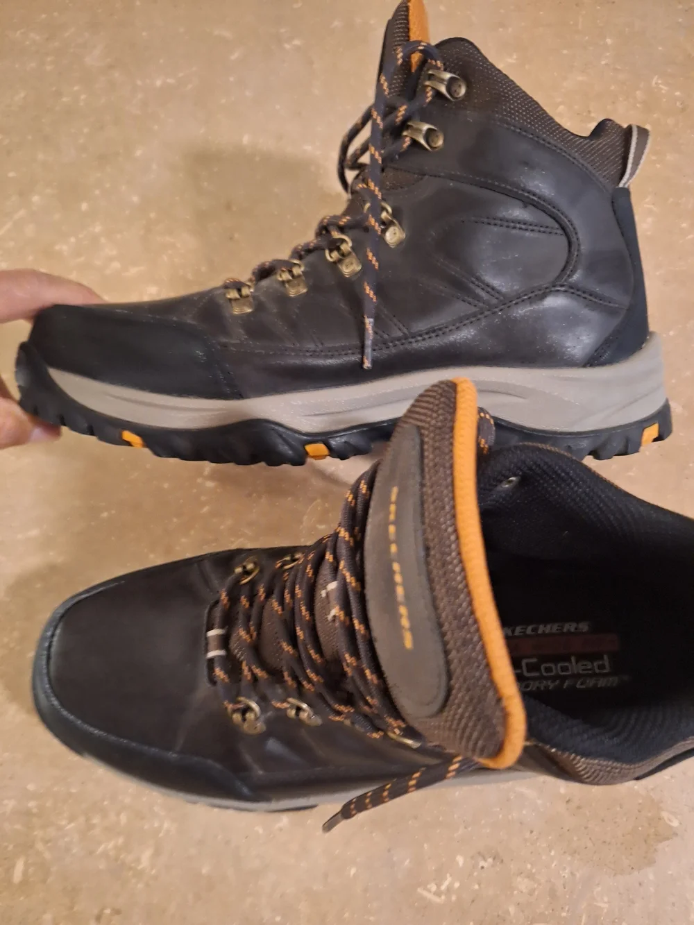 Skechers Men's Black and Brown Waterproof Hiker Boots with Orange Accents